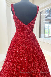 Red Sequin Square Neck Backless A-Line Long Semi Formal Prom Gown